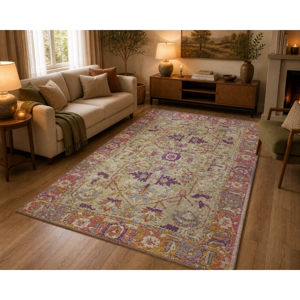 Hoom Rugs Arkaik PLZ 04 Eflatun Etnik Renkli Vintage Makine Halısı