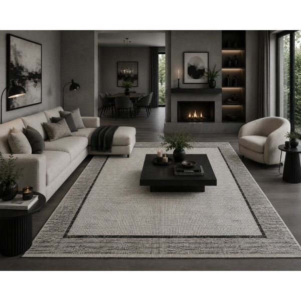 Hoom Rugs Elegant 10507 Krem Gri Çerçeveli Salon Halısı