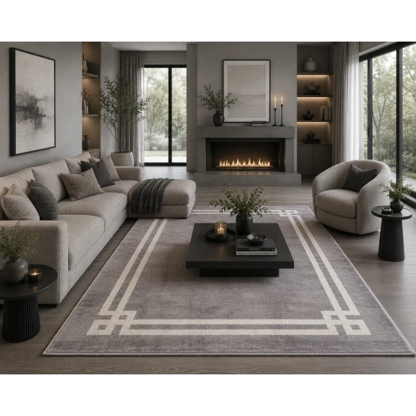 Hoom Rugs York 204 Gri Krem Çerçeveli Modern Salon Halısı