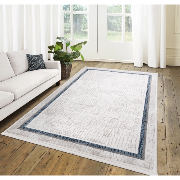 İpek Mekik Halı Filiya 11255 Krem Mavi Modern Salon Halısı