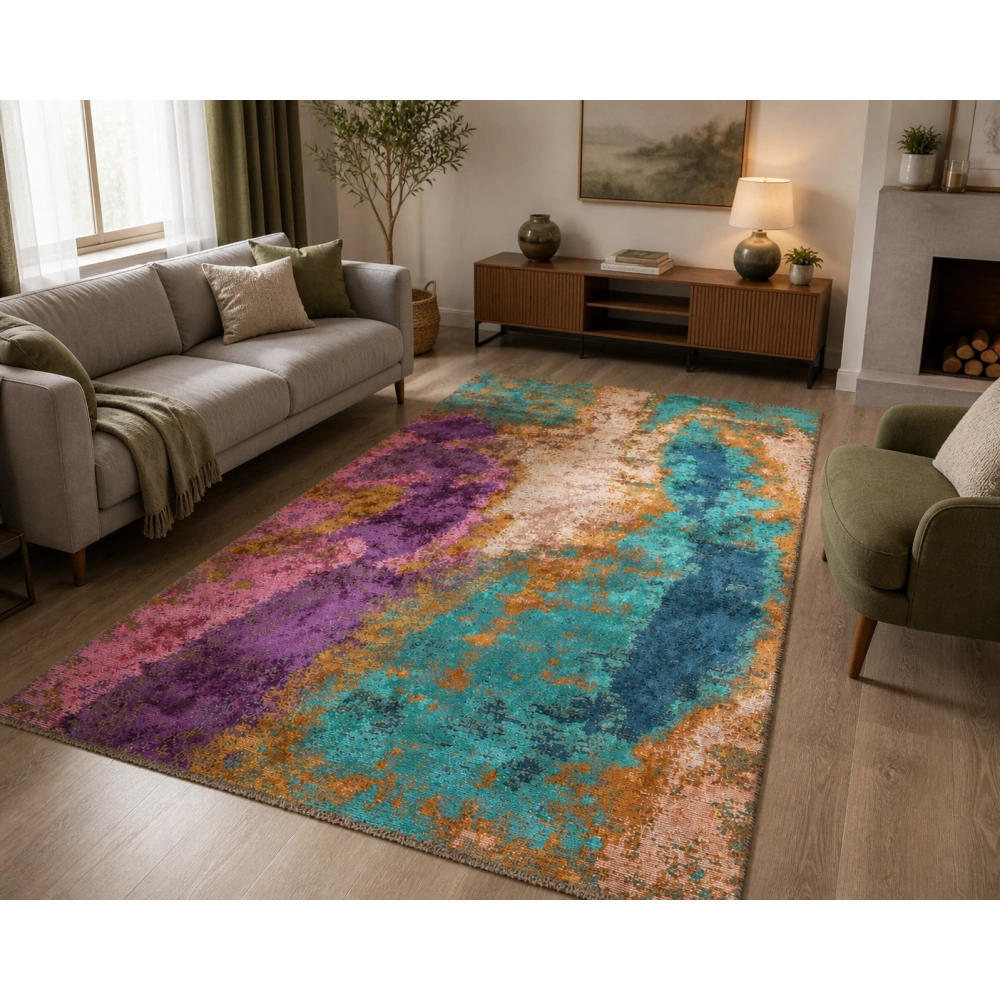 Hoom Rugs Arkaik PLZ 01 Eflatun Etnik Renkli Vintage Makine Halısı