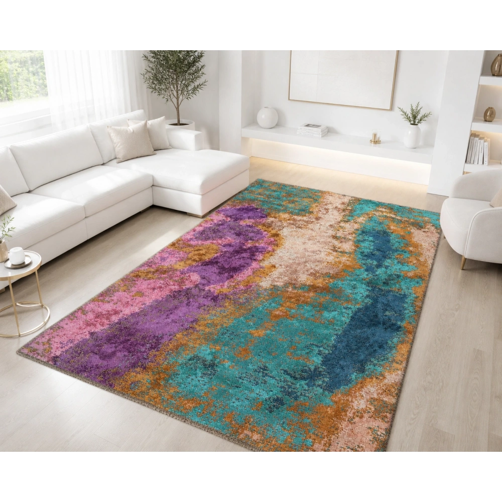 Hoom Rugs Arkaik PLZ 01 Eflatun Etnik Renkli Vintage Makine Halısı