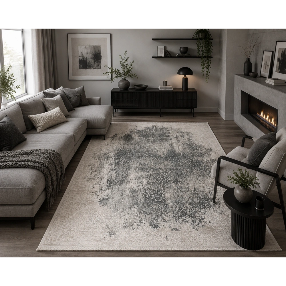 Hoom Rugs Sembol 2908 Gri Akrilik Dayanıklı Makine Halısı