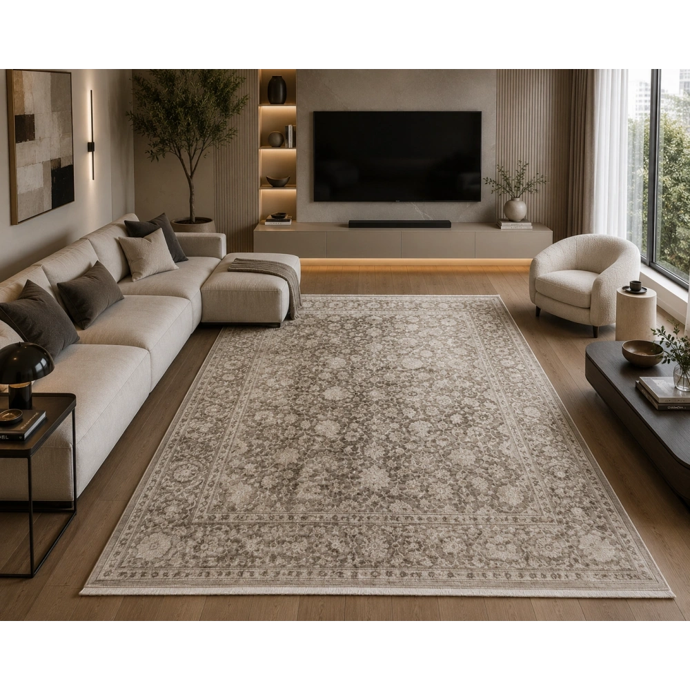 Hoom Rugs Elegant 004 Vizon Bej Doğal Elyaf Yansımalı Klasik Desenli Salon Halısı