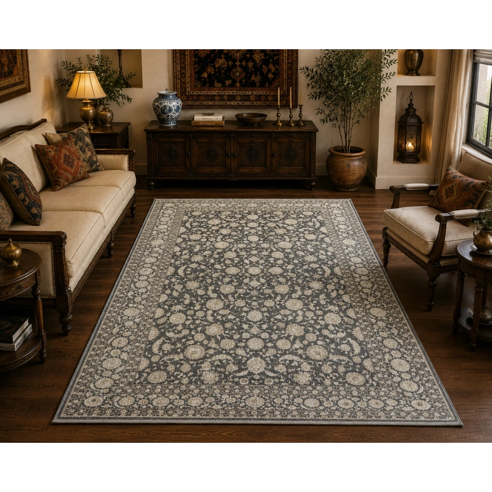 Hoom Rugs Elegant 006 Antrasit Vizon Doğal Elyaf Yansımalı Klasik Desenli Salon Halısı