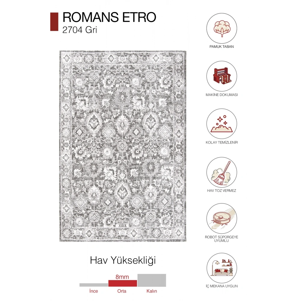 Hoom Rugs Etro 2704 Gri Vintage Desenli Salon Halısı