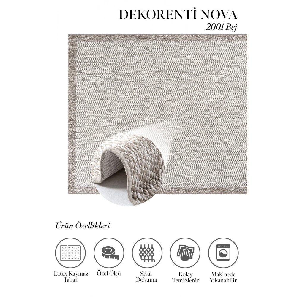 Hoom Rugs Nova 2001 Bej İnce Kaymaz Latex Tabanlı Sisal Halı