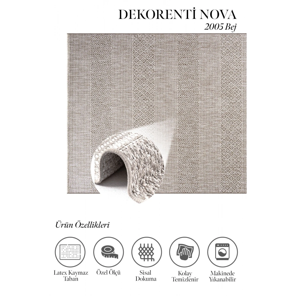 Hoom Rugs Nova 2005 Bej İnce Kaymaz Latex Tabanlı Sisal Halı
