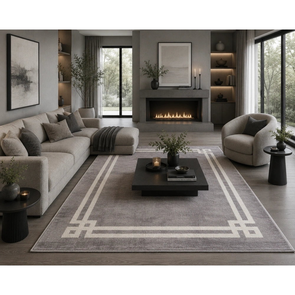 Hoom Rugs York 204 Gri Krem Çerçeveli Modern Salon Halısı