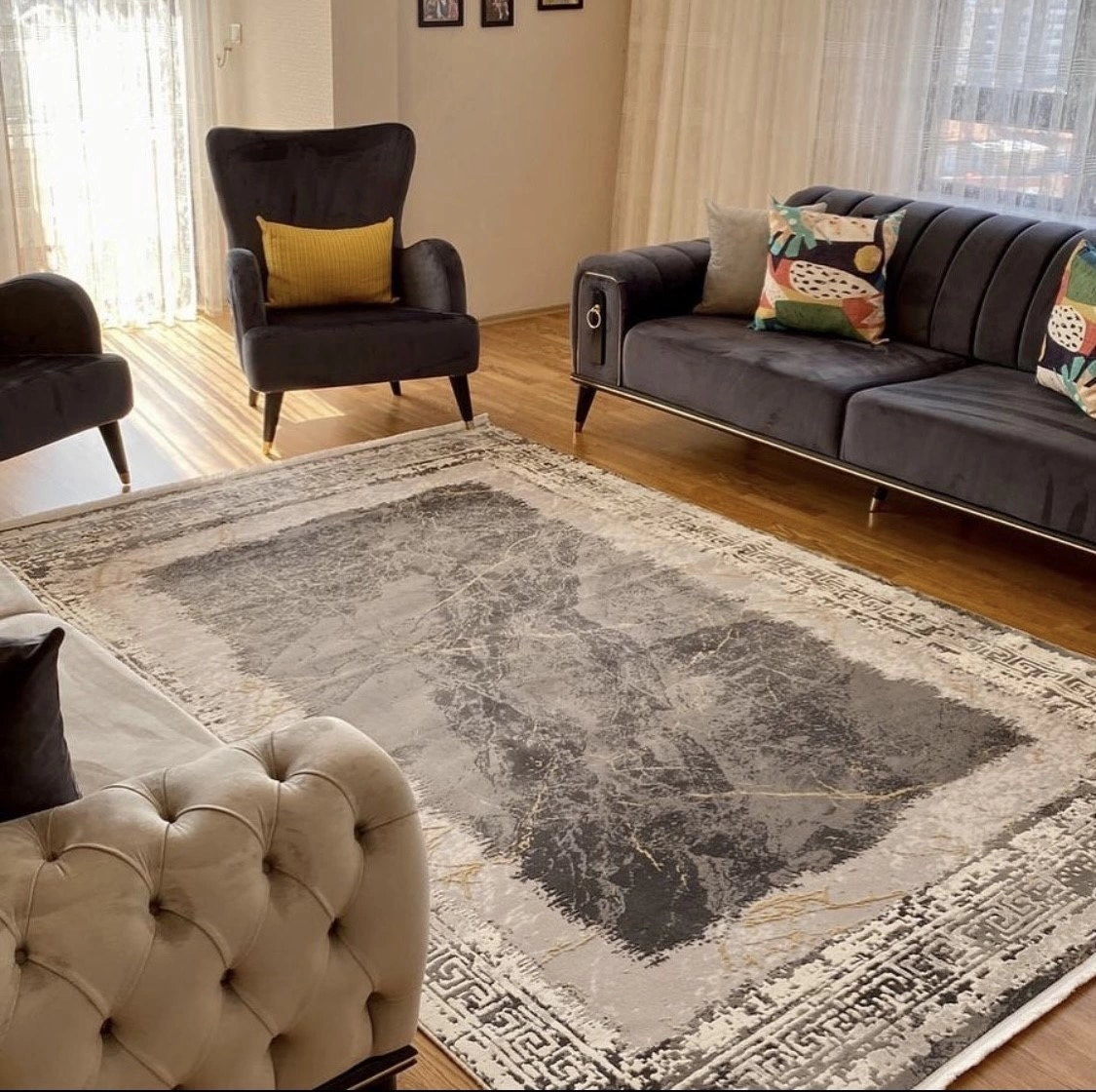 Hoom Rugs Asperos 4390 A Gri Sarı Modern Salon Halısı