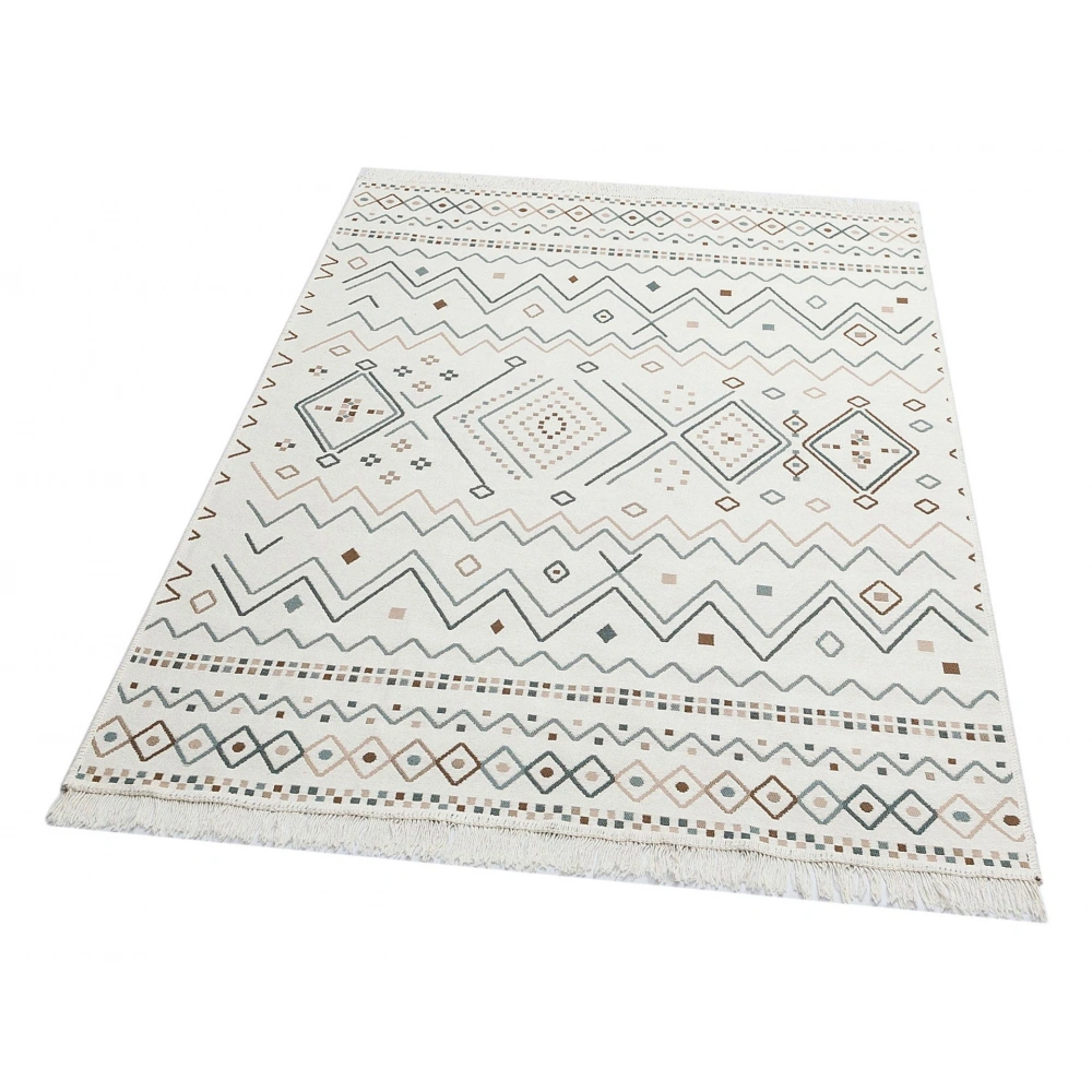 Eko Hali Arya Ar 05 Beige Blue Yikanabilir Pamuk Cift Tarafli Kilim
