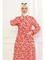 Çiçek Desenli Önü Bağlamalı Elbise / Kırmızı