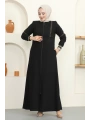 Nakışlı Ribanalı Tesettür Ferace - Siyah