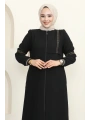 Nakışlı Ribanalı Tesettür Ferace - Siyah