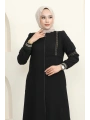 Nakışlı Ribanalı Tesettür Ferace - Siyah