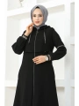 İthal Petek Kapüşonlu Ferace -Siyah