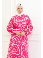 Çizgi Desenli Viskon Elbise - Pembe