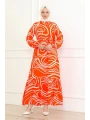 Çizgi Desenli Viskon Elbise - Turuncu