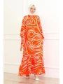 Çizgi Desenli Viskon Elbise - Turuncu