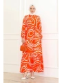 Çizgi Desenli Viskon Elbise - Turuncu