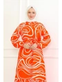 Çizgi Desenli Viskon Elbise - Turuncu