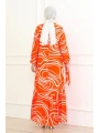 Çizgi Desenli Viskon Elbise - Turuncu