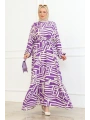 Viskon Çizgi Desenli Elbise - Mor