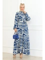 Viskon Çizgi Desenli Elbise - İndigo
