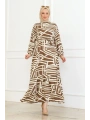 Viskon Çizgi Desenli Elbise - Taba