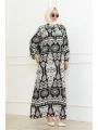 Desenli Viskon Elbise - Siyah