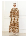 Desenli Viskon Elbise - Taba