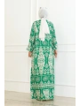 Desenli Viskon Elbise - Yeşil