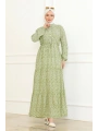 Çiçek Desenli Viskon Elbise - Yeşil