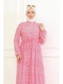 Çiçek Desenli Viskon Elbise - Pembe
