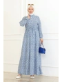 Çiçek Desenli Viskon Elbise - Mavi