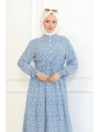 Çiçek Desenli Viskon Elbise - Mavi