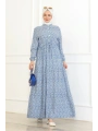Çiçek Desenli Viskon Elbise - Mavi