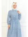 Çiçek Desenli Viskon Elbise - Mavi