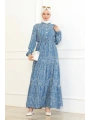 Desenli Viskon Elbise - Mavi