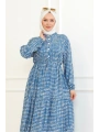 Desenli Viskon Elbise - Mavi