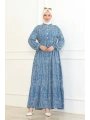 Desenli Viskon Elbise - Mavi