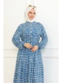Desenli Viskon Elbise - Mavi