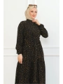 Desenli Viskon Elbise - Siyah/Hardal