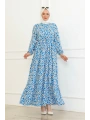 Çiçek Desenli Önü Bağlamalı Elbise / Mavi