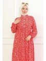 Papatya Desenli Viskon Elbise - Kırmızı