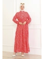 Papatya Desenli Viskon Elbise - Kırmızı