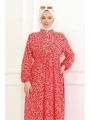 Papatya Desenli Viskon Elbise - Kırmızı