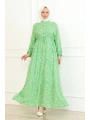 Papatya Desenli Viskon Elbise - Yeşil
