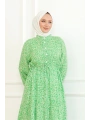 Papatya Desenli Viskon Elbise - Yeşil