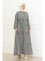 Papatya Desenli Viskon Elbise - Gri